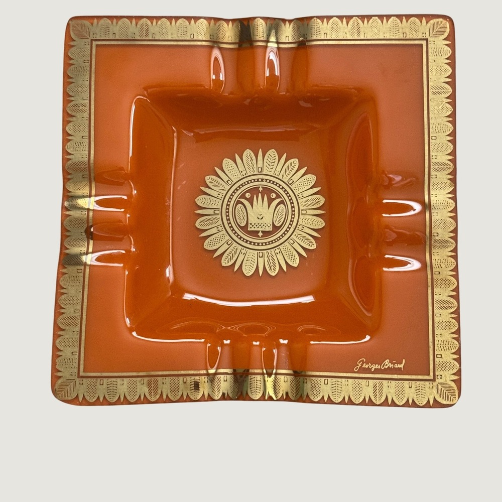Vintage Georges Briard Orange Glass Ashtray Gold Leaf Sunburst Crown MCM Signed